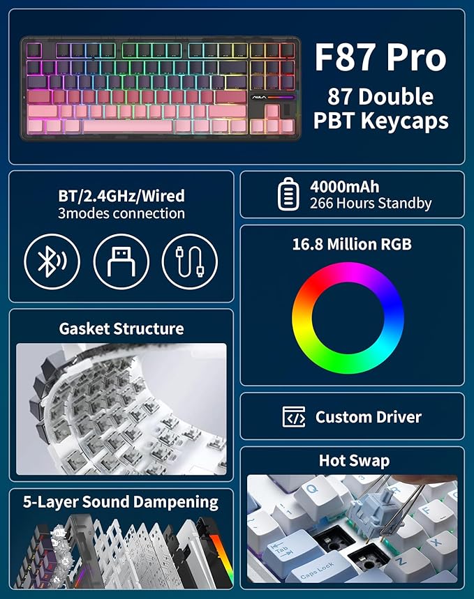AULA F87 Pro Wireless Mechanical Keyboard, 87-Key TKL 8000mAh Battery, Tri-Mode (BT5.0/2.4G/USB-C), Hot Swappable Gasket Mount Keyboard, RGB Backlit PBT Keycaps Custom Gaming Keyboard for PC Mac Phone