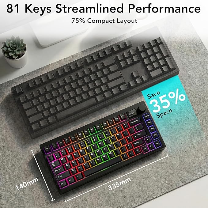 TECWARE Spectre 75 Mechanical Gaming Keyboard | Customizable LCD Screen Display & Knob | Tri-Mode Wireless Bluetooth 2.4GHz | Gasket Mount Hot Swappable | Black Candy Red Linear Switches