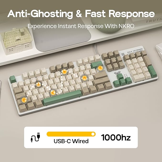 MechLands Aula S500 Wired Gaming Keyboard, 100% Full Size Mechanical Keyboard with Number Pad, 104 Keys, NKRO, RGB Backlits, Shine Through Keycaps, Ergonomic for PC E-Sports (White&Green, Red Switch)