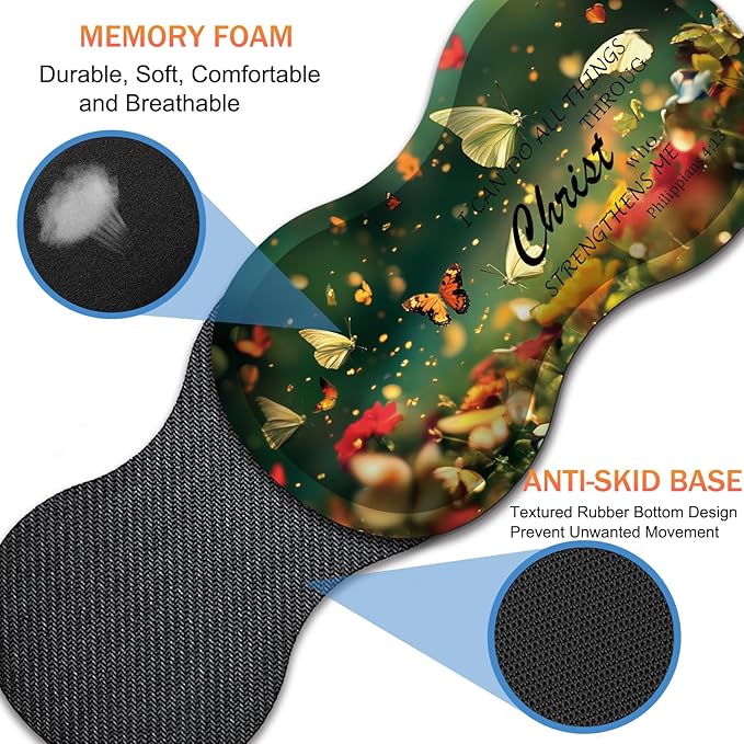 Extended Non-Slip Mouse Pad + Mouse Wrist Rest + Lace-Shaped Coaster Set, Ergonomic Design, Suitable for Desk and Home Gaming Table Mat, Butterflies and Philippians 4-13