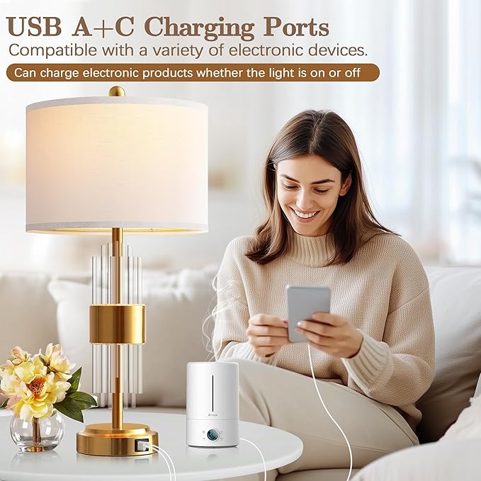 QiMH 25.5" Table Lamp Set of 2 with USB A+C Ports, Gold Lamp for Living Room with Touch Control, Modern Bedside Nightstand Lamp White Lamp Shade Bedroom Home Office Decor (2700K LED Bulbs Included)