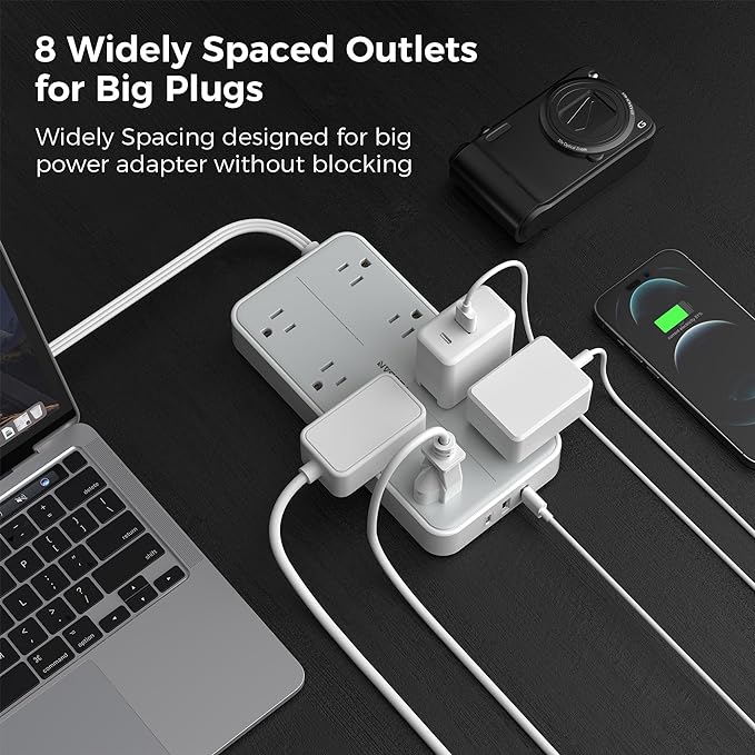 TESSAN Power Strip Surge Protector, 15FT Flat Plug Extension Cord with 8 Outlets 3 USB Charger(1 USB C), 1080 Joules Protection, Wall Mountable Charging Station for Home Office Dorm, Gray