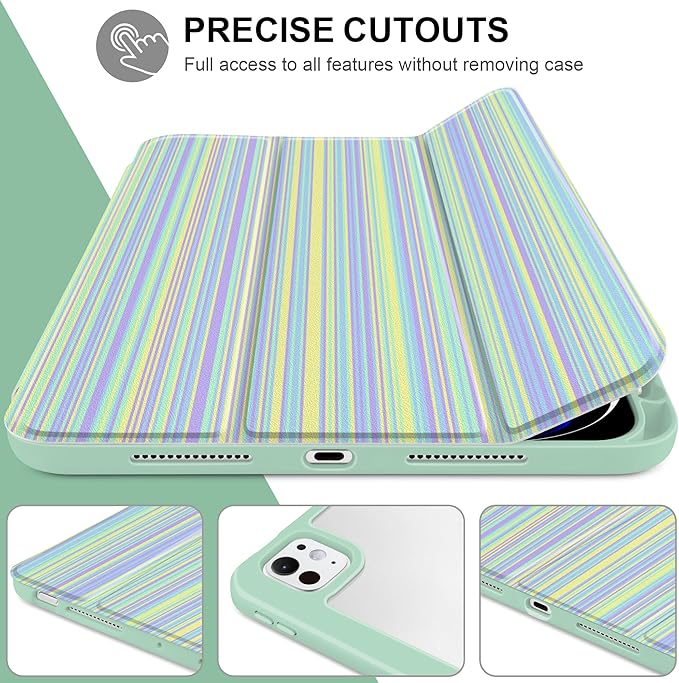 Case for iPad Pro 13 inch (M5) 2025 (M4) 2024 Release with Pencil Holder - Aesthetic Cute Design Trifold Cover with Soft TPU Bumper Clear Back Auto Sleep/Wake for Girls Women, Lines Green