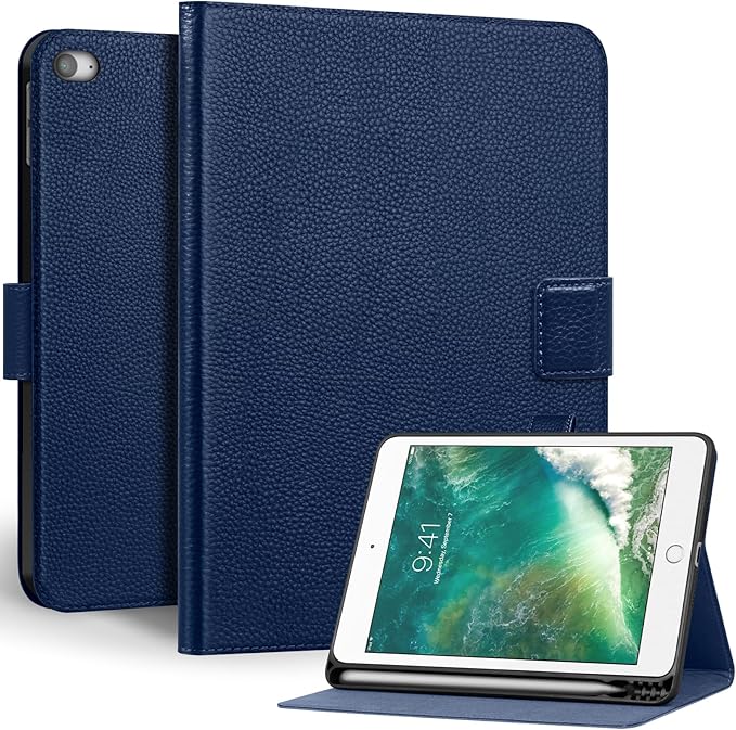 Genuine Leather Case for iPad mini 5th / 4th Generation 7.9’’ (2019/2015) | Slim Protective Cover with Adjustable Stand, Auto Wake/Sleep, Magnetic Closure, Premium Leather | Blue