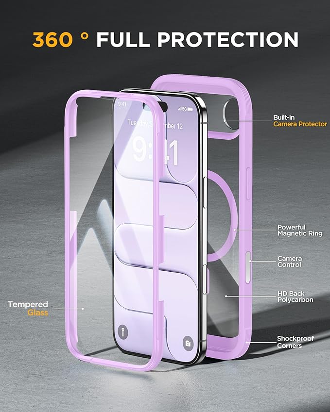 Miracase Magnetic for iPhone Air Case 6.5" [Compatible with MagSafe] Full-Body Phone Case with Built-in Glass Screen Protector & Camera Control,Drop Proof iPhone 17 Air Case Cover, Purple