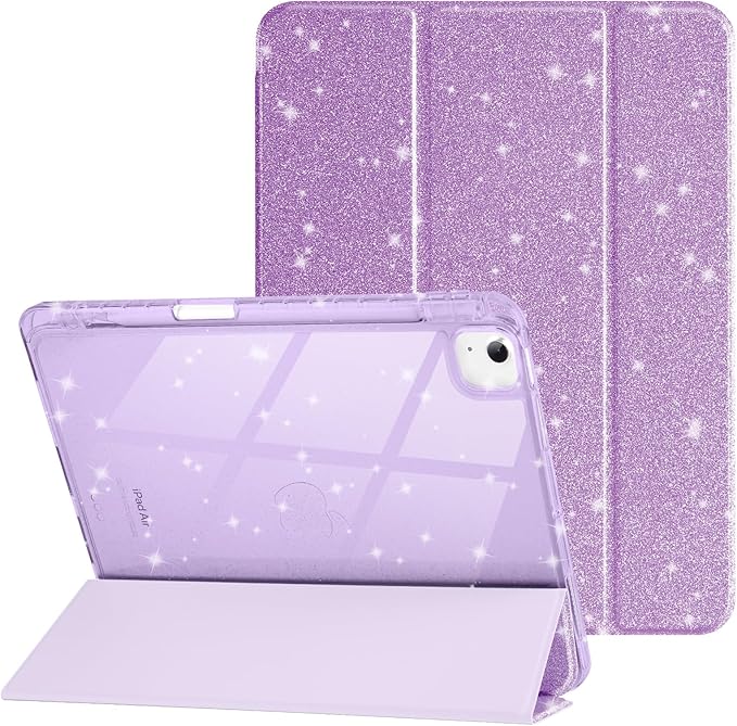 Case for iPad Air 13 Inch (M4/M3/M2, 2026/2025/2024) & iPad Pro 12.9 6/5th Gen (2022/2021), Glittering Sparkly Cover with Shiny Clear Back Shell, Trifold Stand Case with Pencil Holder, Purple