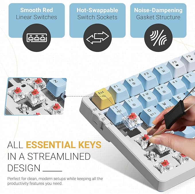 Qisan Wireless/Wired Mechanical Gaming Keyboard,Triple Mode 2.4G/USB-C/BT (98%) Wireless Mechanical Keyboard with US Layout | Red Switch Rechargeable RGB Backlit Keyboards for Gaming, White & Blue