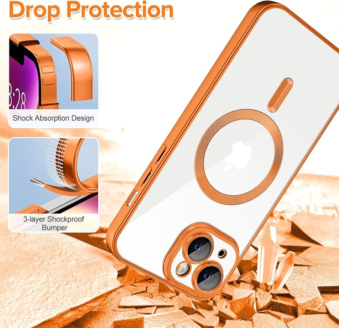 Hython Magnetic Clear for iPhone 14 Case with Camera Lens Protector [Compatible with MagSafe] Luxury Plating Edge Slim Soft TPU Cover Protective Phone Case for iPhone 14 6.1", Matte Orange
