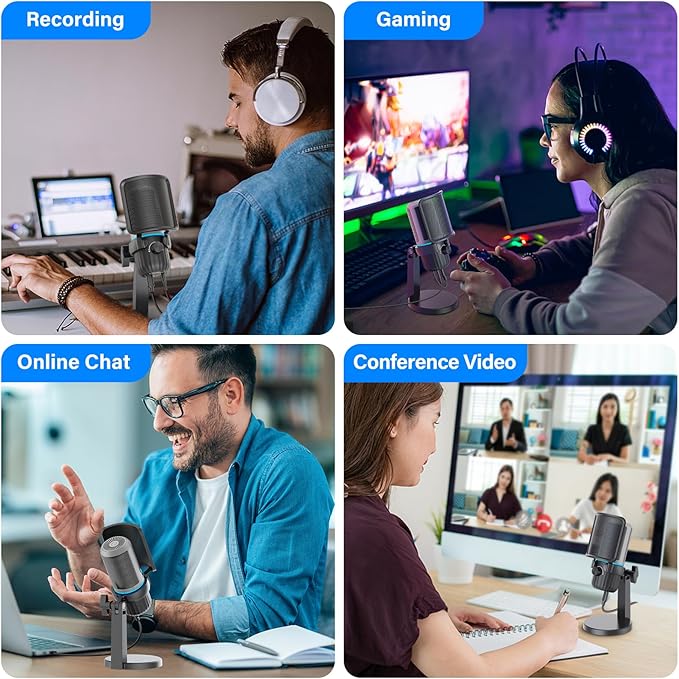 USB Condenser Gaming Microphone, PC Microphone for Streaming, Podcasts, Recording, Desktop Computer Mic with Mute Button & LED Indicator, Volume Control, Headphone Jack
