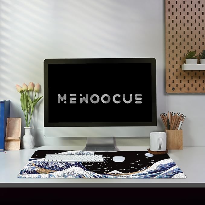 MEWOOCUE® Gaming Mouse Pad for Desk,Large Wave Mousepad Laptop,Black White Japanese Anime Mouse Mat,Long XXL Waterproof Keyboard Pads,Big Non-Slip Mousepads for Game Office Home（31.5 x 11.9 in）