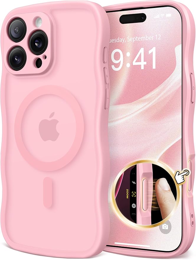 CAPRARO for iPhone 16 Pro Case for Women Girls, Upgraded [Full Camera Protection] [Compatible with MagSafe] Cute Wave Translucent Matte Phone Case for iPhone 16 Pro, Peach Pink