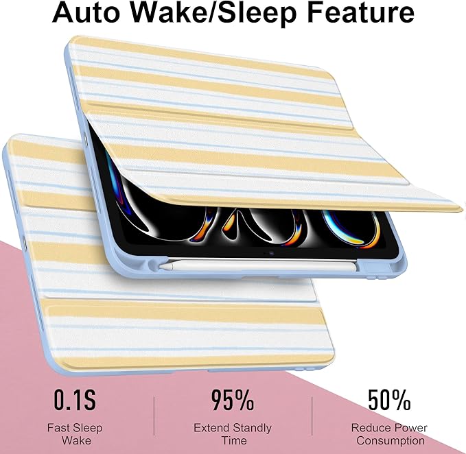 Case for iPad Pro 13 Inch (M5 2025 M4 2024) – [Built-in Pencil Holder], Shockproof & Stylish, Clear Hard Back + Soft TPU Edge, Magnetic Trifold Stand, Auto Wake/Sleep, Watercolor Stripes