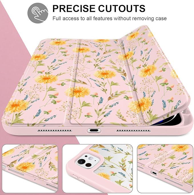 Case for iPad Pro 11 Inch (M5 2025 M4 2024) – [Built-in Pencil Holder], Shockproof & Stylish, Clear Hard Back + Soft TPU Edge, Magnetic Trifold Stand, Auto Wake/Sleep, Yellow Floral