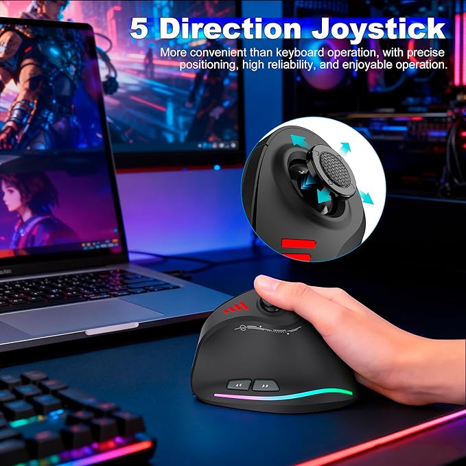 TRELC Wireless Gaming Mouse with 5 D Rocker, 24000 DPI/11 Programmable Buttons, Ergonomic Mouse for 2 Devices Connection (BT+2.4GHz), Vertical Rechargeable Mice for PC/Laptop/E-Sports/Gamer (Black)