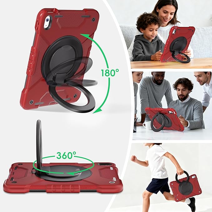 Andnary Case for iPad (A16) 11th Generation 11 inch 2025/10th Generation 10.9 inch 2022, Shockproof Cover with Screen Protector/360° Rotate Handle/Bracket/Pen Holder/Shoulder Strap (Red+Black)
