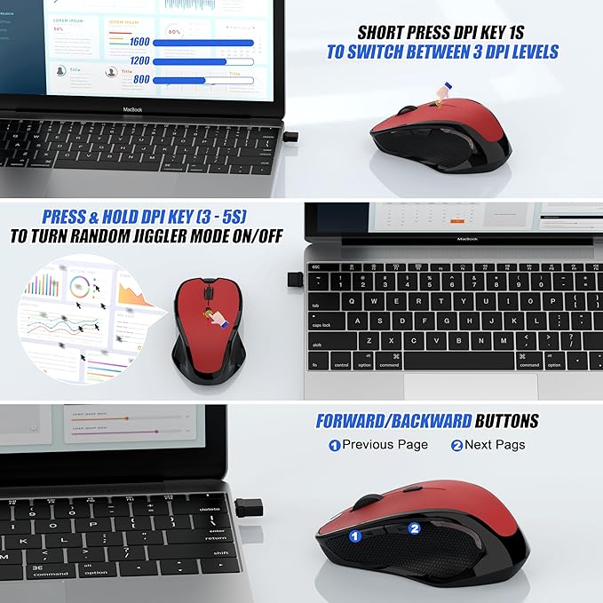 Bluetooth Wireless Mouse, 2.4G Ergonomic Rechargeable Computer Mouse for MacBook Air iPad Pro PC with Jiggler Mode, 3 DPI Levels & Forward/Back Buttons Laptop Mice for Office/Home/School - Red