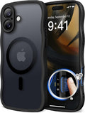 CAPRARO for iPhone 16 Case for Women Girls, Upgraded [Full Camera Protection] [Compatible with MagSafe] Cute Wave Translucent Matte Phone Case for iPhone 16, Black