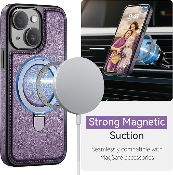 for iPhone 14 Case with Stand Compatible with Magsafe Slim PU Leather & Durable TPU Drop Proof Magnetic Kickstand Protective Phone Cover with Tempered Glass Screen Protector 6.1", Purple