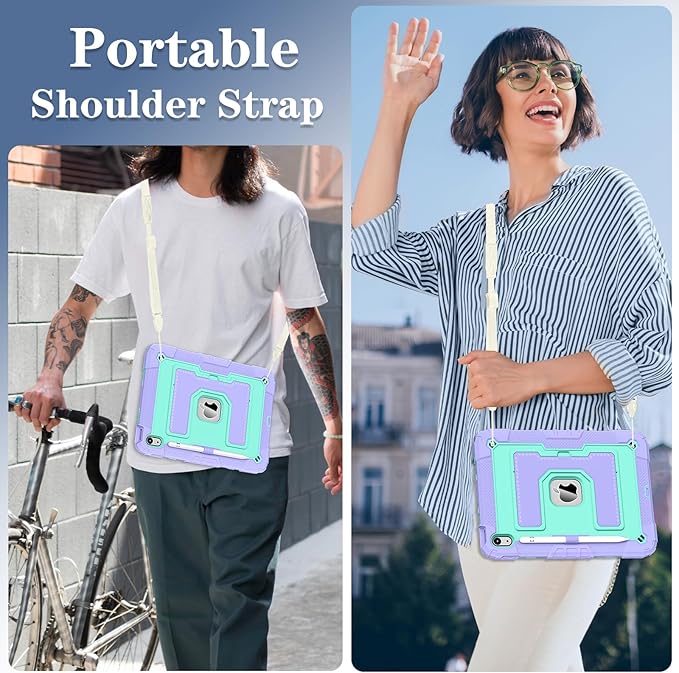Kids Friendly Case for iPad A16 11th Generation 11 Inch 2025 / iPad 10th Generation 10.9" 2022 Case with Pencil Holder & Shoulder Strap, Hybrid iPad 11 10 Cover Rugged Shockproof Kickstand,Purple+Mint