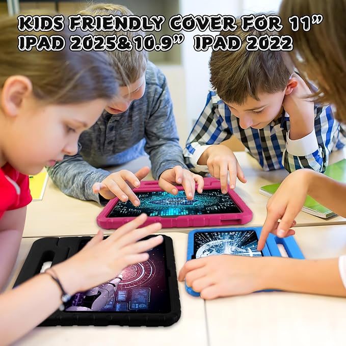 Case for iPad 11th A16/10th Generation with Pencil Holder & Handle Stand, Super Protection Kids Proof Cute EVA Cover for 11"/10.9" iPad 2025 & 2022 - Black