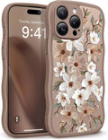 GVIEWIN for iPhone 15 Pro Max Case Compatible with MagSafe [Curly Wave Edge][Full Camera Protection] Floral Translucent Shockproof Magnetic Women Phone Case for 15 Pro Max 6.7'', Dogwood/Brown