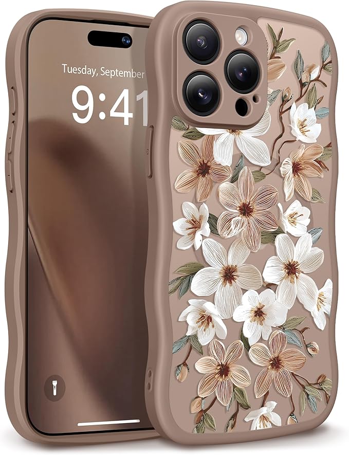 GVIEWIN for iPhone 15 Pro Case Compatible with MagSafe [Curly Wave Edge][Full Camera Protection] Floral Translucent Shockproof Magnetic Women Phone Case for iPhone 15 Pro 6.1'', Dogwood/Brown