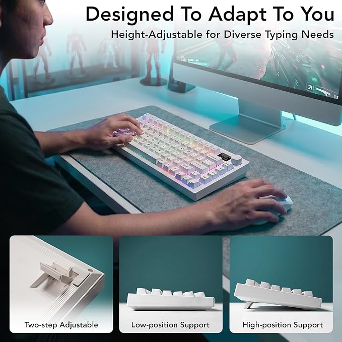 TECWARE Spectre 75 Mechanical Gaming Keyboard | Customizable LCD Screen Display & Knob | Tri-Mode Wireless Bluetooth 2.4GHz | Gasket Mount Hot Swappable | White Candy Red Linear Switches