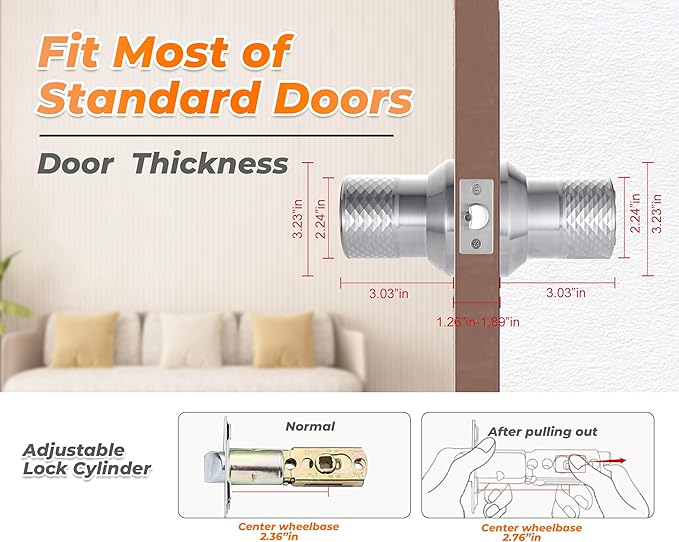 Keypad Door Knob, Digital Door Lock with Anti-Slip Handle, 3s Auto Lock, Keyless Entry Door Knob, Passage Mode, Backlight, Easy to Install for Home/Office/Bedroom