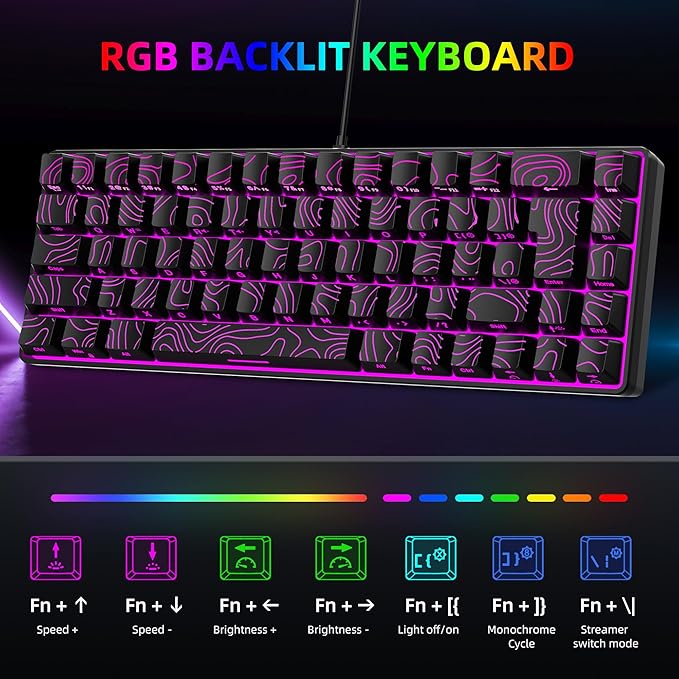 Snpurdiri 65% Wired Gaming Keyboard, 68 Keys RGB Backlit Ultra-Compact Small Gaming Keyboard, for PC/Mac Gamer, Typist, Travel, Easy to Carry on Business Trip Black