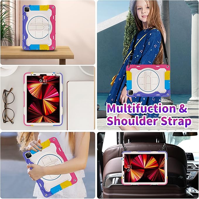 For iPad Air 5th 4th Generation 10.9 inch Case with Screen Protector [15ft Drop Protection] iPad Pro 11 Case 4th 3rd 2nd 1st Gen (2022 2021 2020 2018) for Kids W/ 360 Stand Hand/Shoulder Strap