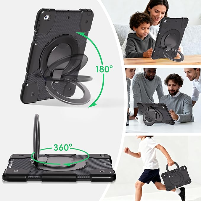 Andnary Case for iPad 9th/8th/7th Generation 10.2 inch, Shockproof Cover with Screen Protector/360° Rotate Stand/Pencil Holder/Shoulder Strap, Kids Case for iPad 2021/2020/2019 (Black)