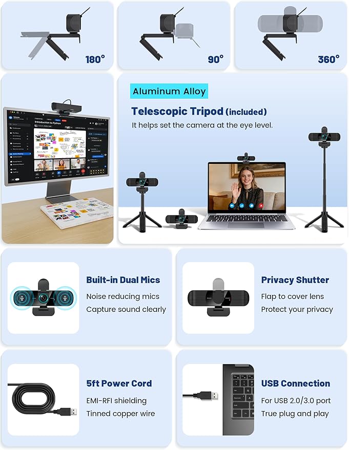 RUWBY Full HD 1080P Webcam with Built-in Dual Mics, Wide-Angle Lens, Privacy Cover, Tripod Stand, Autofocus Computer Camera, Plug and Play for Desktop PC or Laptop