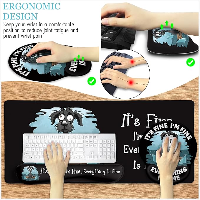 LIMKRIAN Funny Dog Mouse Pad Set Large Desk Mat With Wrist Rest for Gaming, Ergonomic Mousepad, Keyboard Mat, Cup Coaster Set, Office Accessories - It's Fine