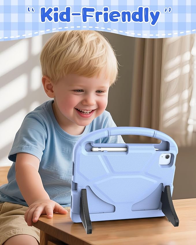 Kids Case for iPad A16 11th Gen 11-Inch 2025 & iPad 10th Generation (10.9" 2022), Durable Shockproof Fully-Body Cover with Screen Protector/Pencil Holder/Stand/Handle for Kids, Light Blue