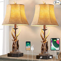 Antler Table Lamps Set of 2 with USB A+C Ports for Bedroom Farmhouse Deer Rustic Bedside Lamps with Faux Leather Bell Shade for Living Room End Table Hunting Themed Cabin Lamp Pull Chain