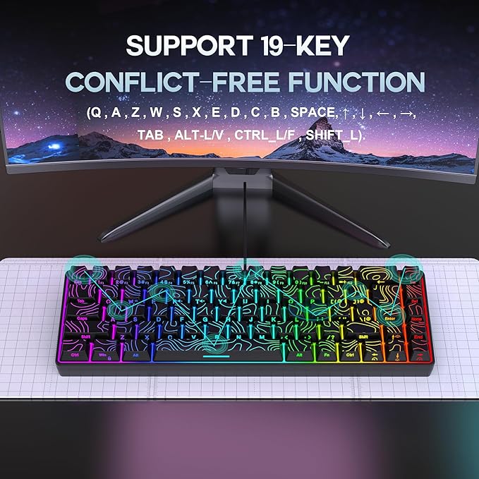 Snpurdiri 65% Wired Gaming Keyboard, 68 Keys RGB Backlit Ultra-Compact Small Gaming Keyboard, for PC/Mac Gamer, Typist, Travel, Easy to Carry on Business Trip Black
