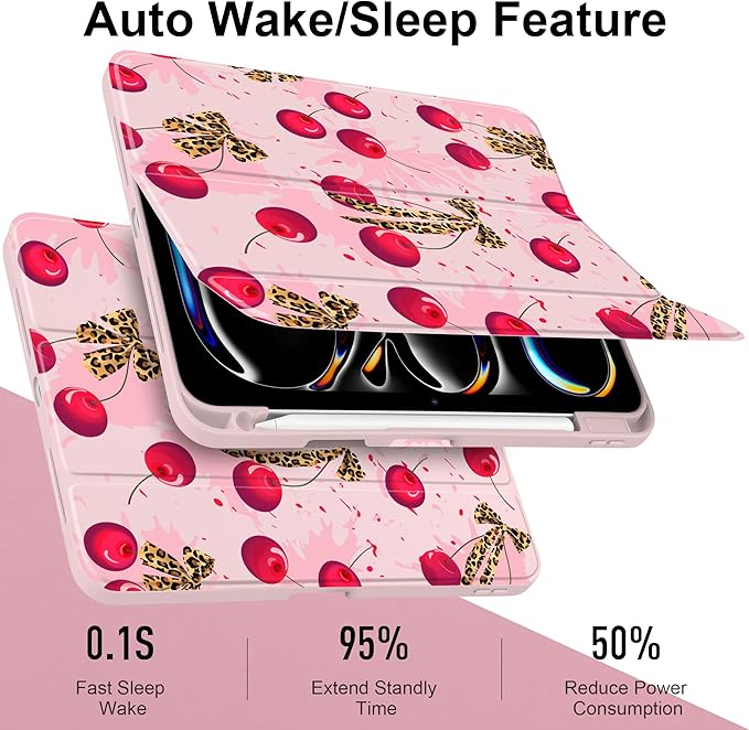 Case for iPad Pro 13 Inch (M5 2025 M4 2024) – [Built-in Pencil Holder], Shockproof & Stylish, Clear Hard Back + Soft TPU Edge, Magnetic Trifold Stand, Auto Wake/Sleep, Cherry & Leopard