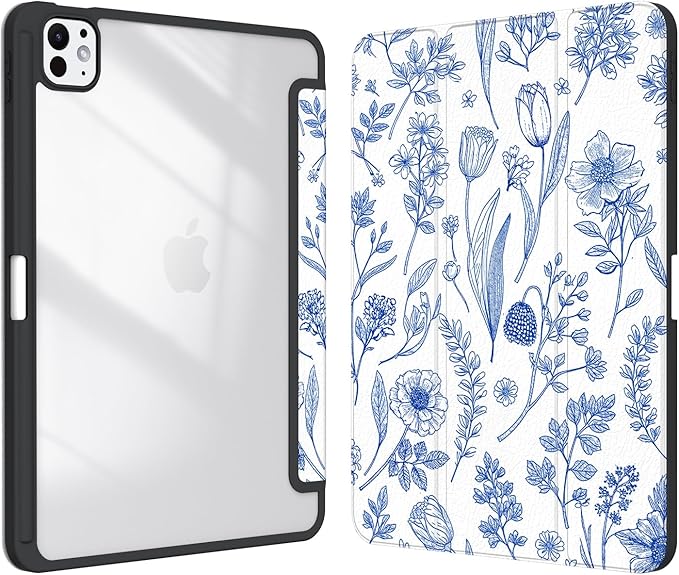 Case for iPad Pro 11-Inch M5/M4 2025/2024 (6th/5th Generation), Case with Pencil Holder, Clear Back Cover Cute Cool Design for Women Girls, Auto Sleep/Wake, Blue Flower