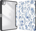 Case for iPad Pro 11-Inch M5/M4 2025/2024 (6th/5th Generation), Case with Pencil Holder, Clear Back Cover Cute Cool Design for Women Girls, Auto Sleep/Wake, Blue Flower