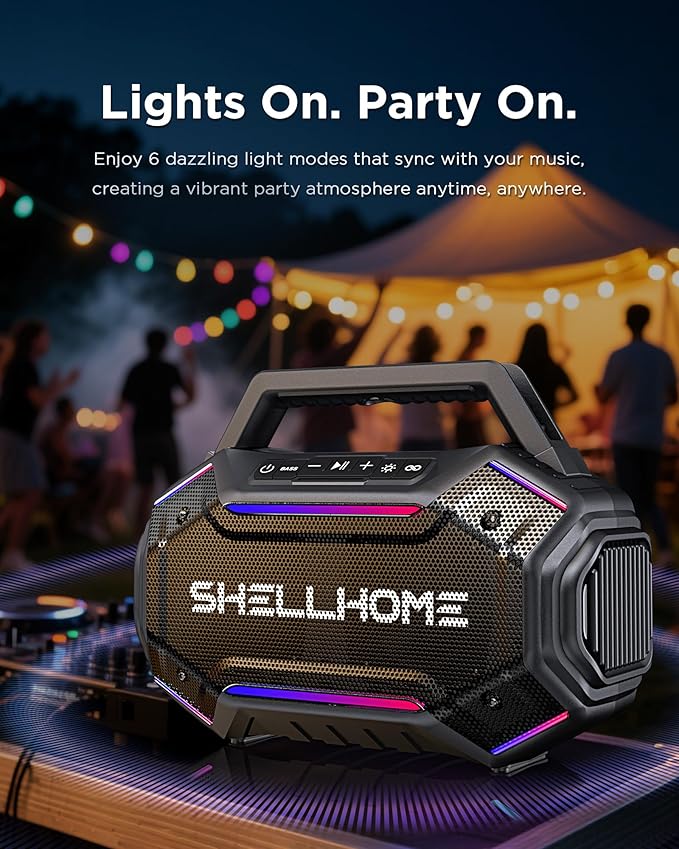 ShellHome Bluetooth 6.0 Speakers Outdoor, 80W(Peak) Loud Speaker with Bass, 30H Playtime, IPX6 Waterproof, RGB Lights, BassUp 2.0, TWS, Portable Large Jobsite Speakers for Workshop, Garage,Yellow