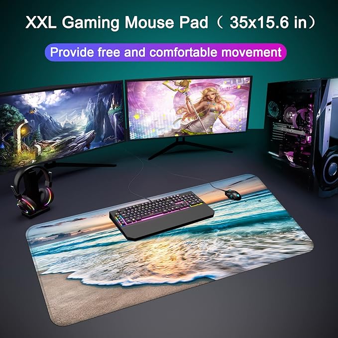 Desk Mat,Large Mouse Pad 35''×15.6'' XXL Extended Gaming Mouse Pad Mat with Non-Slip Base Stitched Eges Mousepad for Computer,Office,Keyboard and Laptop - Beach