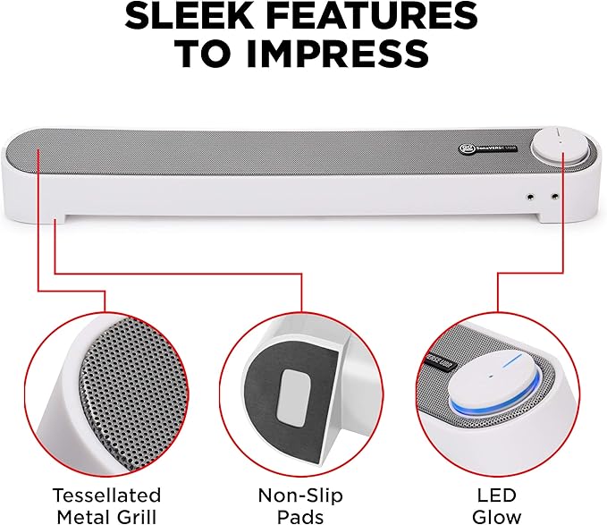 GOgroove Computer Speaker Mini Soundbar - USB Powered PC Sound Bar with Easy Setup Wired AUX, Stereo Audio, Microphone Port, Volume Control Knob, Under Monitor Design for Desktop (White)
