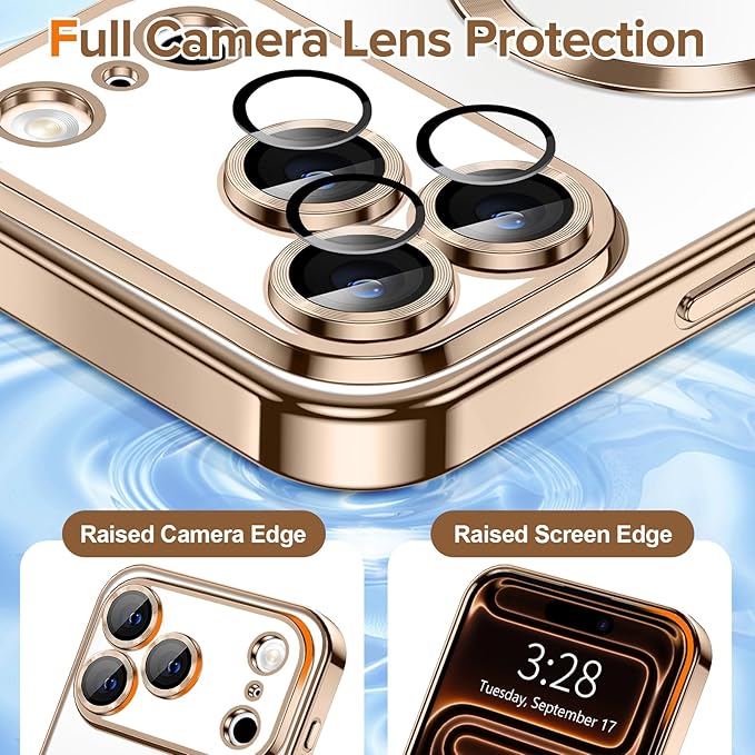 Hython Magnetic Clear for iPhone 17 Pro Case with Camera Lens Protector [Compatible with MagSafe] Luxury Plating Edge Slim Soft TPU Cover Protective Phone Case for iPhone 17 Pro 6.3", Desert Brown