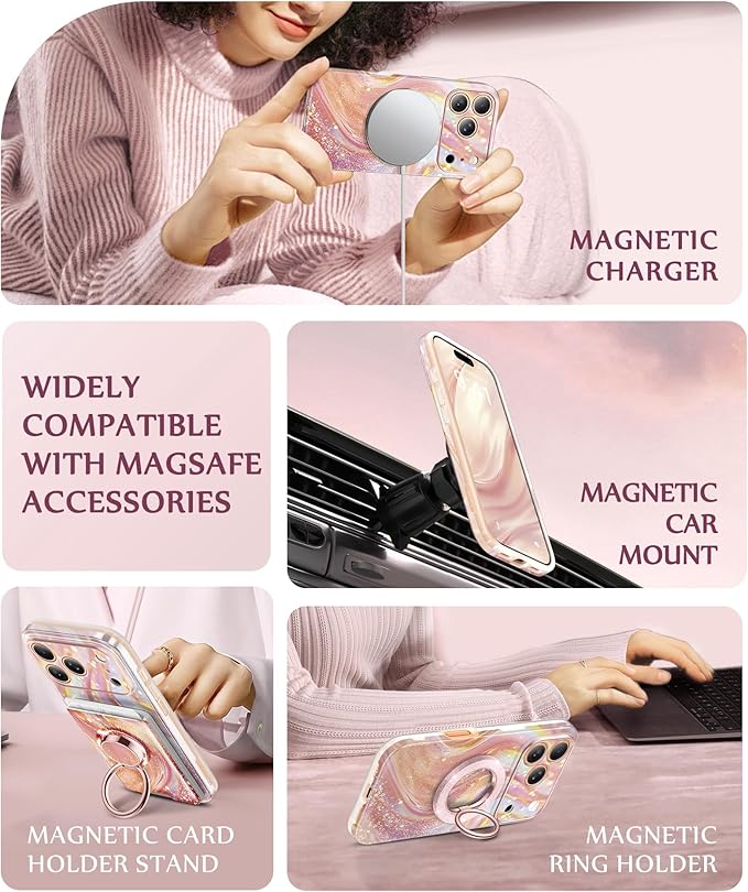 GVIEWIN for iPhone 17 Pro Case Compatible with MagSafe, [Full Camera Protection][Military-Grade Protection] Shockproof Protective Slim Magnetic Marble Phone Case for 17 Pro 6.3", Glistening/Pink