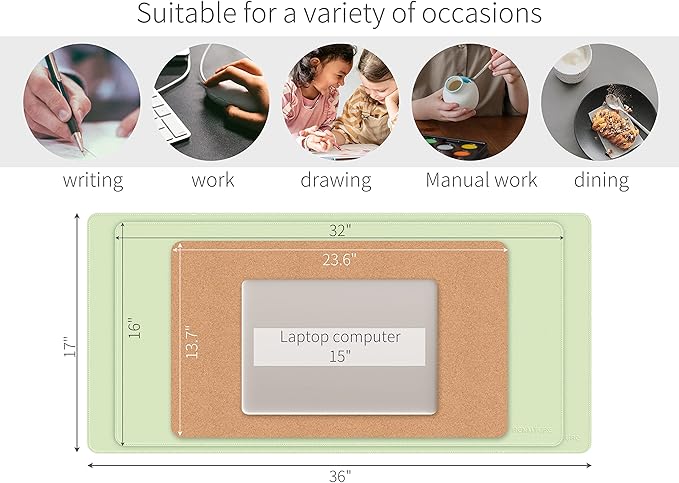 RENMTURE Dual-Sided Mouse Pad, Natural Cork & PU Leather Large Desk Pad for Office and Home Work, Desk Protector Non-Slip, Waterproof, Easy Clean (Light Green, 23.6" x 13.7")