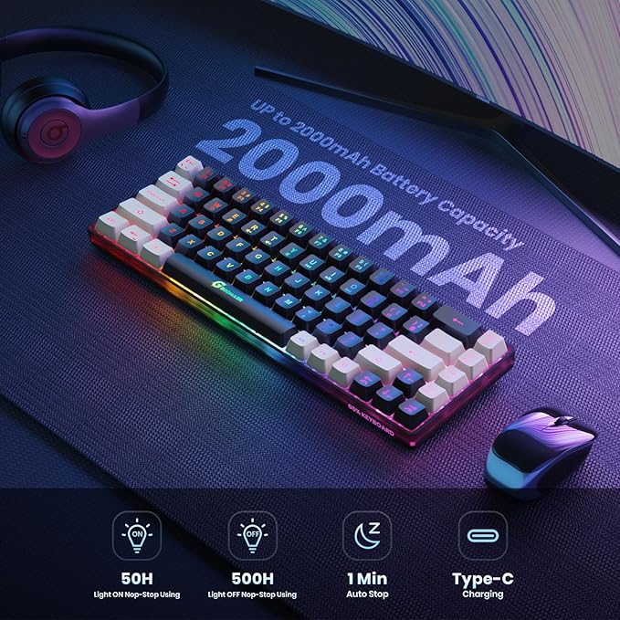 GEODMAER 65% Wireless Gaming Keyboard: LED Backlit, 68 Keys, Ultra-Compact, Anti-ghosting, No-Conflict Wireless Keyboard for PC Laptop Windows Gamer(Black-White)
