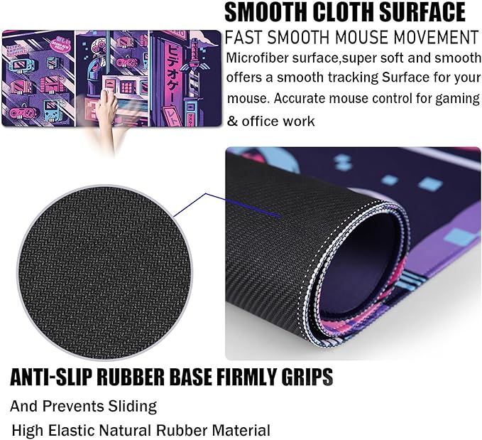 Japanese Comic Large Gaming Mouse Pad with Stitched Edges, Durable Non-Slip Natural Rubber Base, (31.5X15.7 Inch) Waterproof Laptop Pad Mat for Esports Pros/Gamer/Desktop/Office/Home