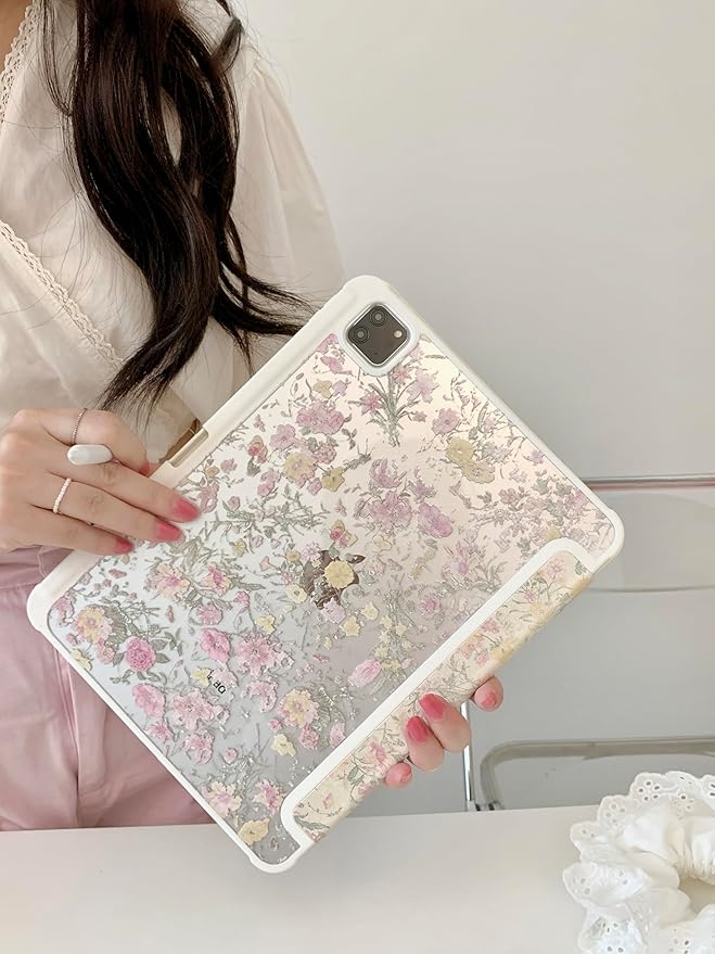 Adjustable Stand Hard PU Clear Back Folio Case for Apple Flowers Floral Pattern Refreshing Classic Vintage Pretty Chic Cute Lovely Girls Women (for iPad 8 10.2-inch 8th Generation 2020)