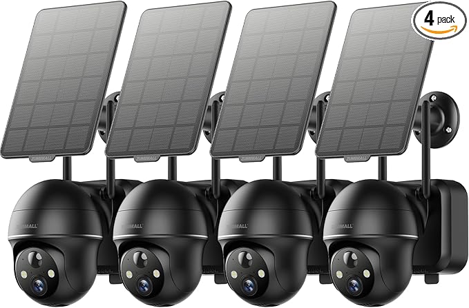 ZUMIMALL 2K Solar Security Cameras Wireless Outdoor 4-Pack, Solar Powered Cameras for Home Security with 360° View, Color Night Vision, 2-Way Talk, AI Alert, Siren, CloudEdge App, Black