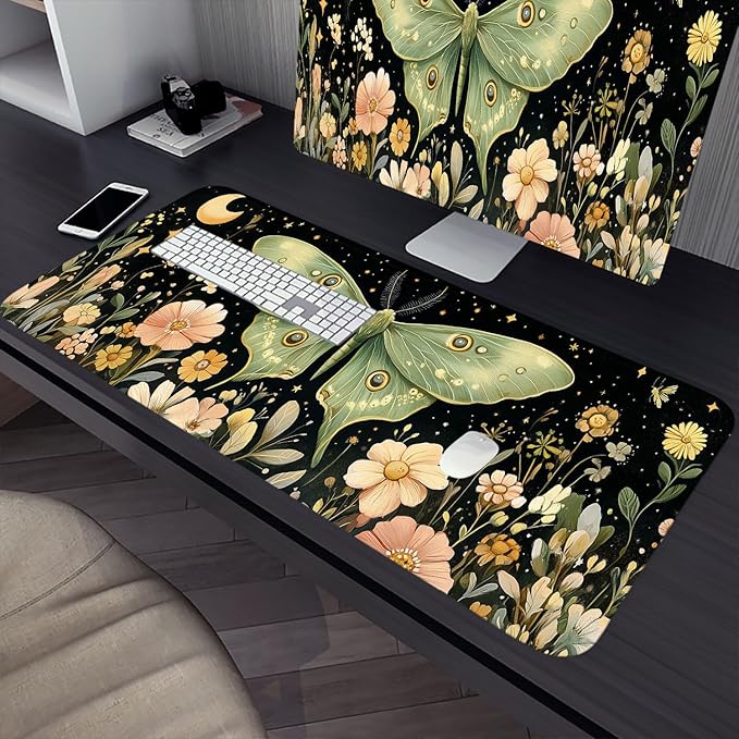 Moon Phase Moth Garden Desk Mat Luna Moth Flowers Mousepad XL Large Gaming Mouse Pad Laptop Keyboard Mat Desk Pad 31.5"x11.8" Office Computer Keyboard Laptop Home